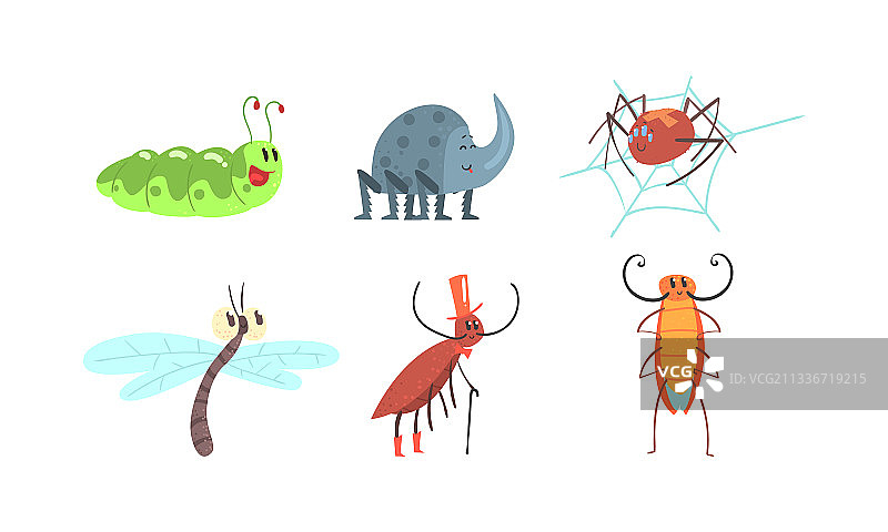 可爱的昆虫图案：毛毛虫和犀牛图片素材