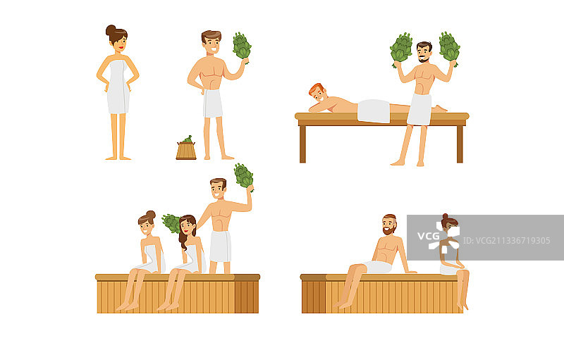 人们在热桑拿房放松的快乐时光套装图片素材