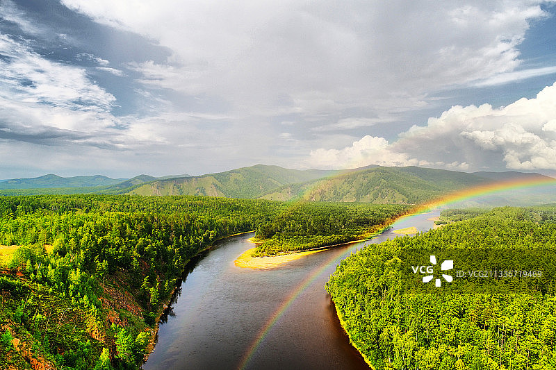 大兴安岭林海河湾彩虹风景图片素材