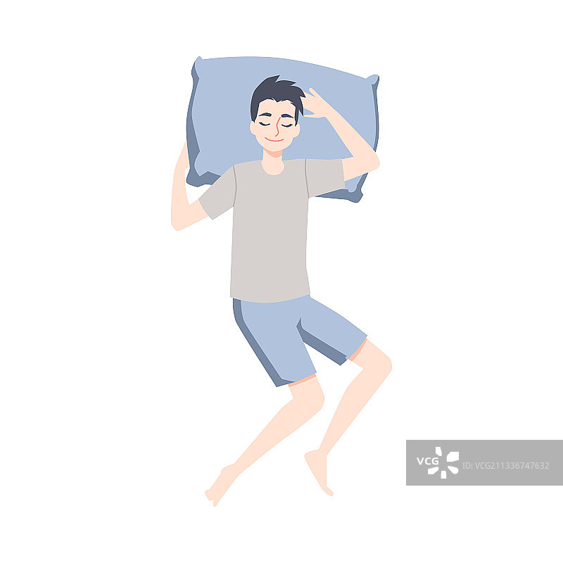 男子抱着枕头睡觉的俯视图图片素材