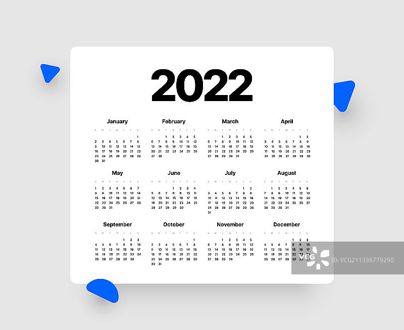 2022年月度日历，每周开始图片素材
