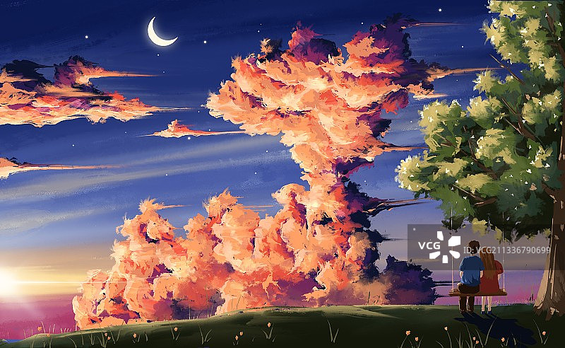 晚霞时分在荡秋千的情侣插画图片素材