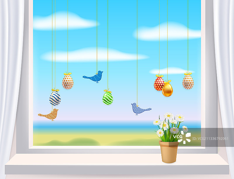复活节窗户上的彩色彩蛋和鸟图片素材