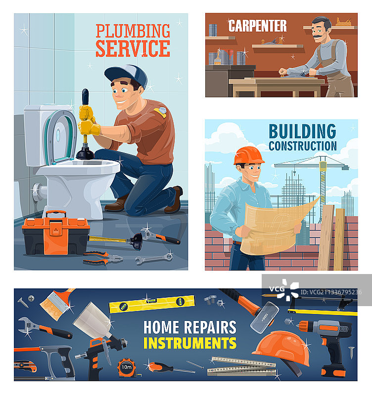 水管工、建筑工人和工具banner图片素材