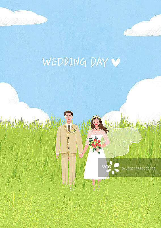 婚姻，情侣，新婚夫妇，小型婚礼，姿势，婚纱，田野，云，天空图片素材