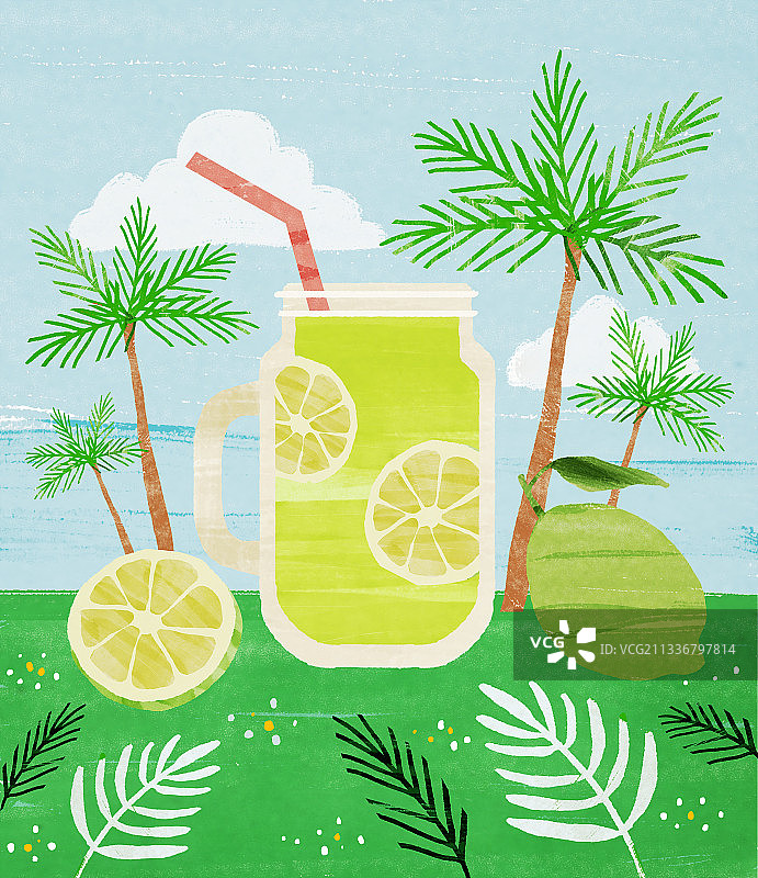 夏季冷饮热带饮品棕榈树青柠图片素材