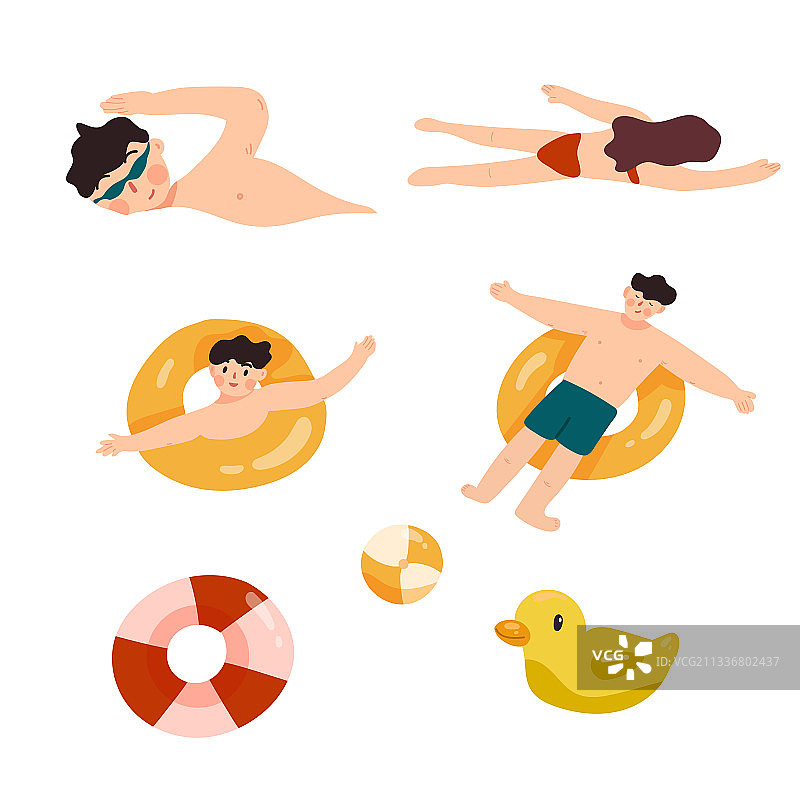 夏日泳池游泳度假系列手绘插画素材集合图片素材