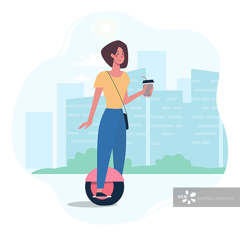 女子骑着现代陀螺仪板喝咖啡图片素材