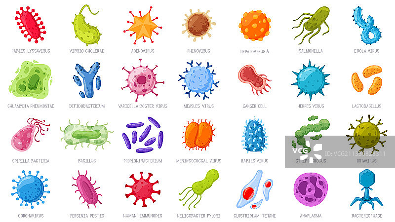 引起疾病的卡通病毒和微生物图片素材