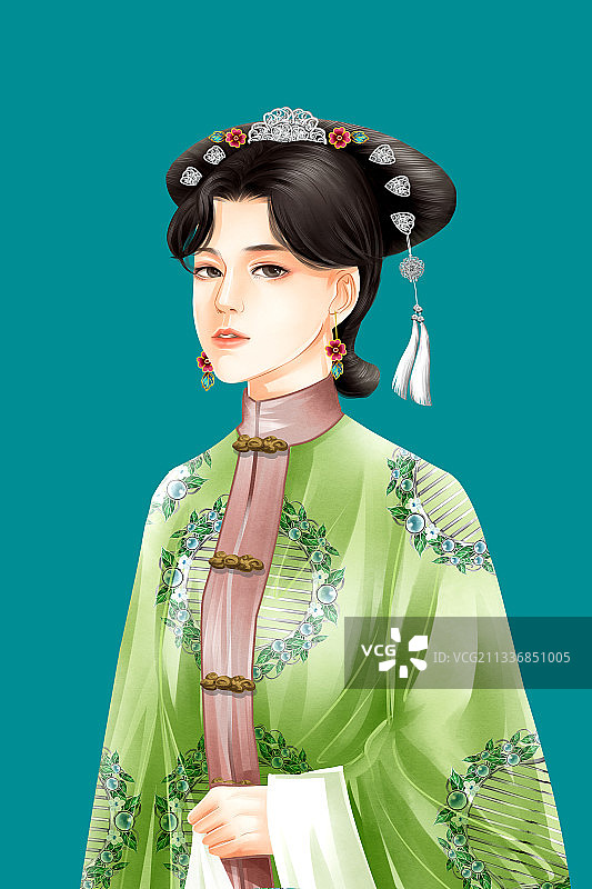 中国风水彩古风清朝宫女插画元素图片素材