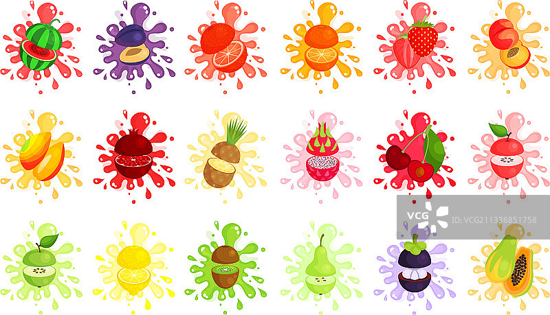 带有果肉飞溅和污迹的多汁切块水果图片素材