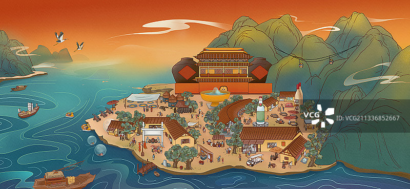 国风山水村庄乐园图片素材