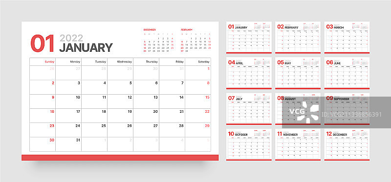 2022年带周的墙壁或桌面日历模板图片素材