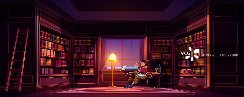 年轻女子在家中图书馆一边写作一边品酒图片素材