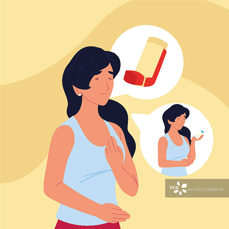 患哮喘的女孩使用吸入器图片素材