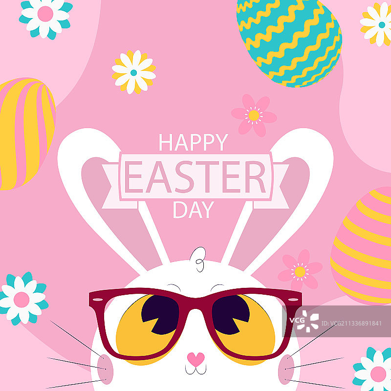 粉色背景上的戴眼镜的白色复活节兔子图片素材