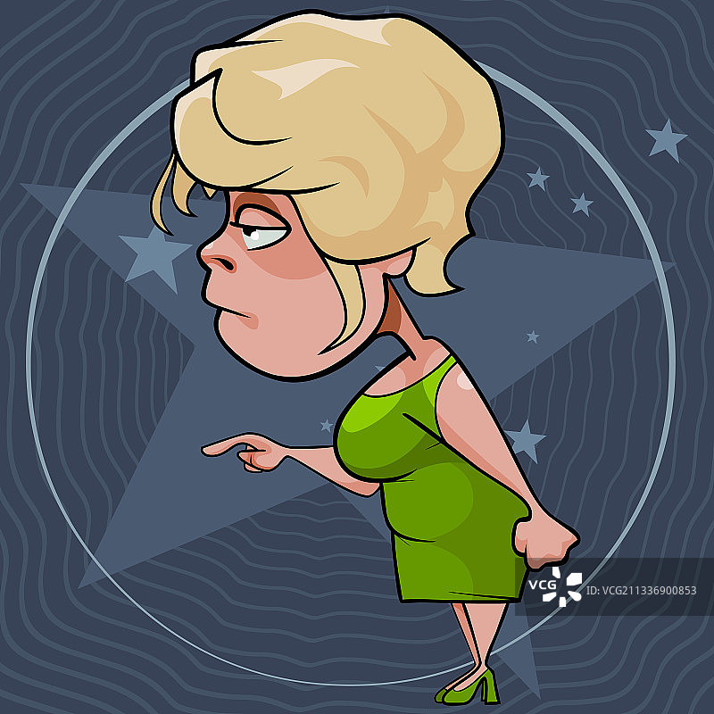 穿着绿色连衣裙的卡通女人专注地看着图片素材