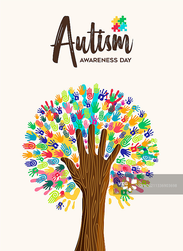 世界自闭症日儿童手绘树卡片图片素材