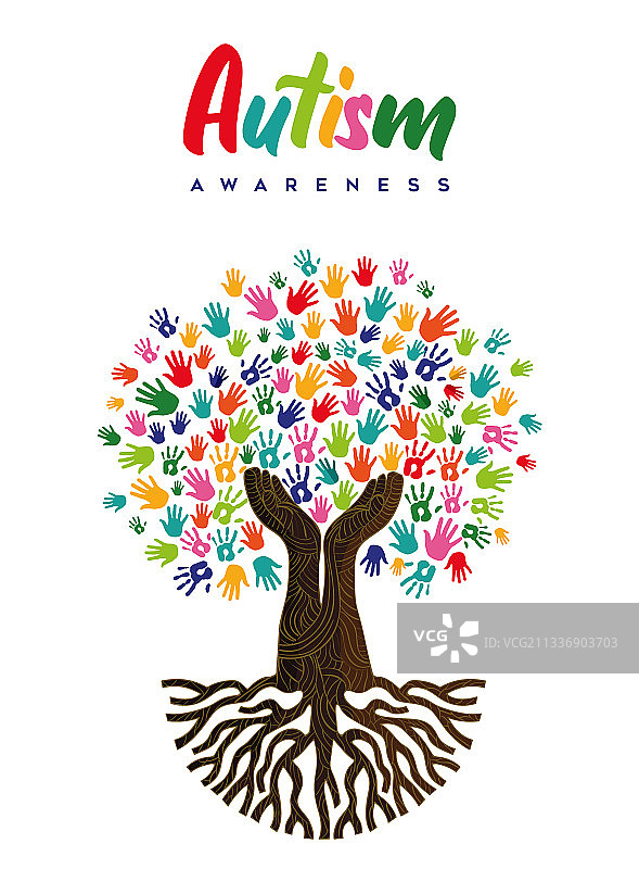 世界自闭症日儿童手绘树卡片图片素材