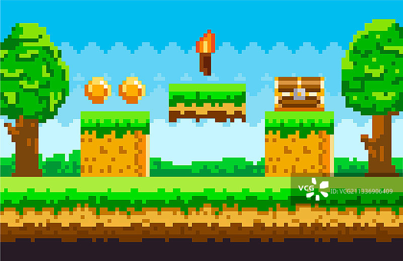像素游戏背景与天空中的硬币图片素材