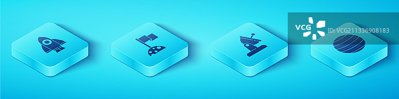 一组2.5D火箭飞船月球与旗帜星球图片素材