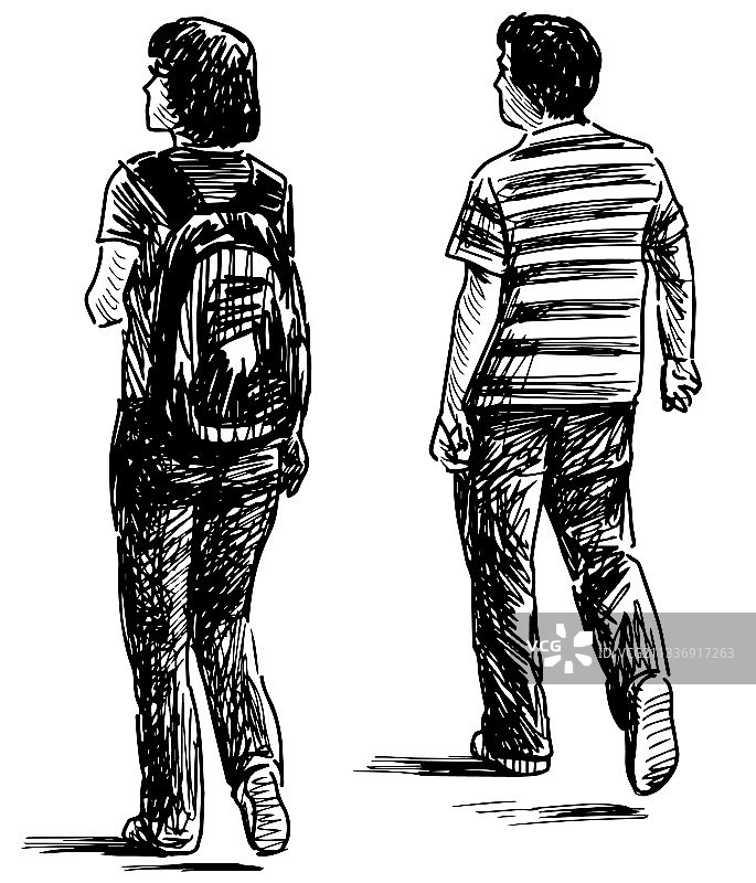 素描休闲情侣年轻人散步图片素材