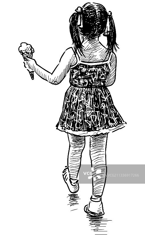 吃冰淇淋的休闲小女孩素描图片素材