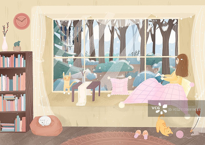 窗边看雪图片素材