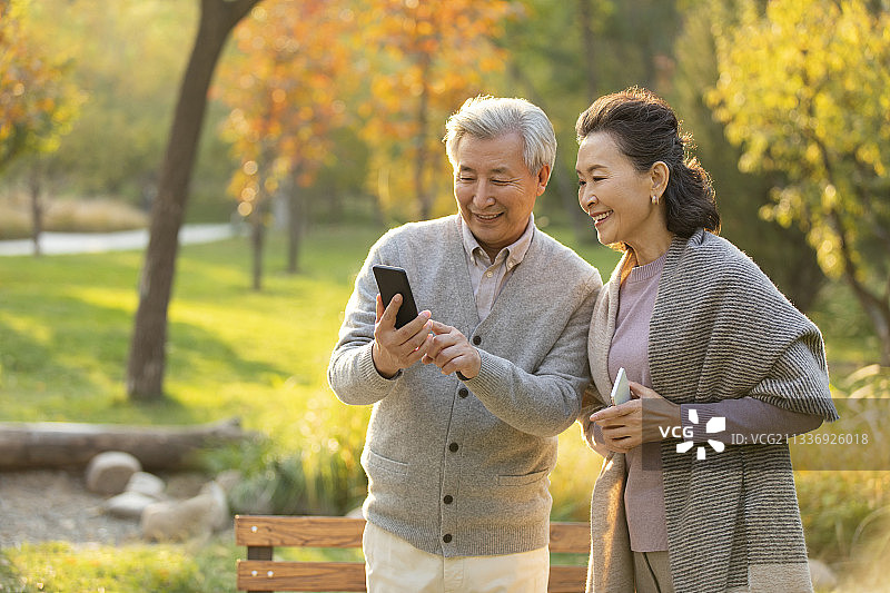 老年夫妇在公园使用手机图片素材