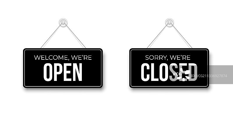 吸盘上悬挂的已关闭和已开启黑色标牌图片素材