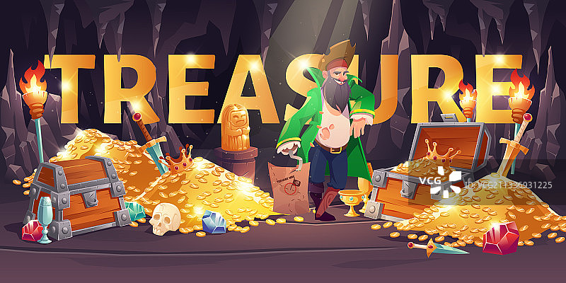 海盗洞穴金币卡通宝藏横幅图片素材