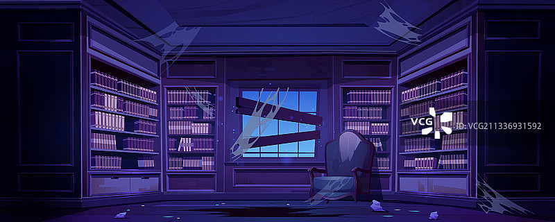 夜晚带书架的旧图书馆图片素材