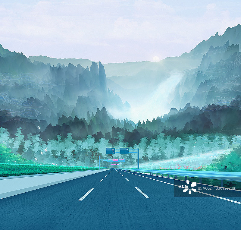中国风的森林山川里有一条公路通向远方插画图片素材