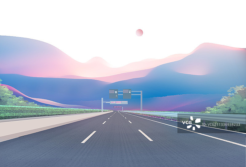 日出时阳光照耀着沙漠里的公路插画背景图片素材