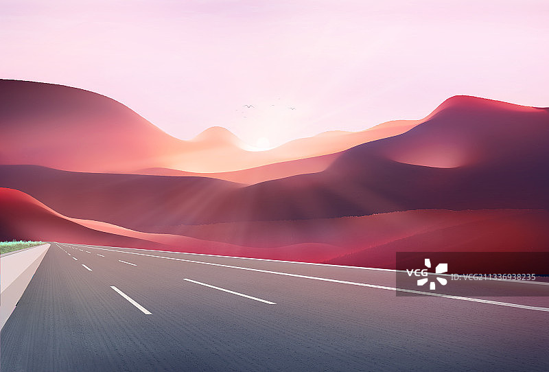 日出时阳光照耀着沙漠里的公路插画背景图片素材