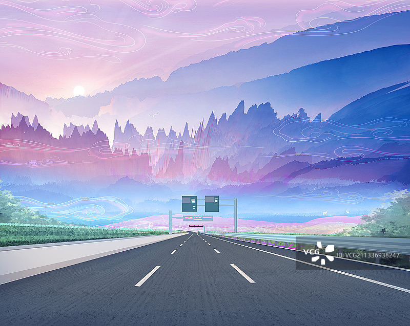 早晨森林里山峰间有一条公路通向远方插画图片素材