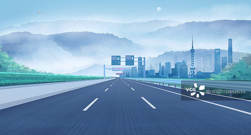 一条公路通往上海建筑群中国风插画图片素材