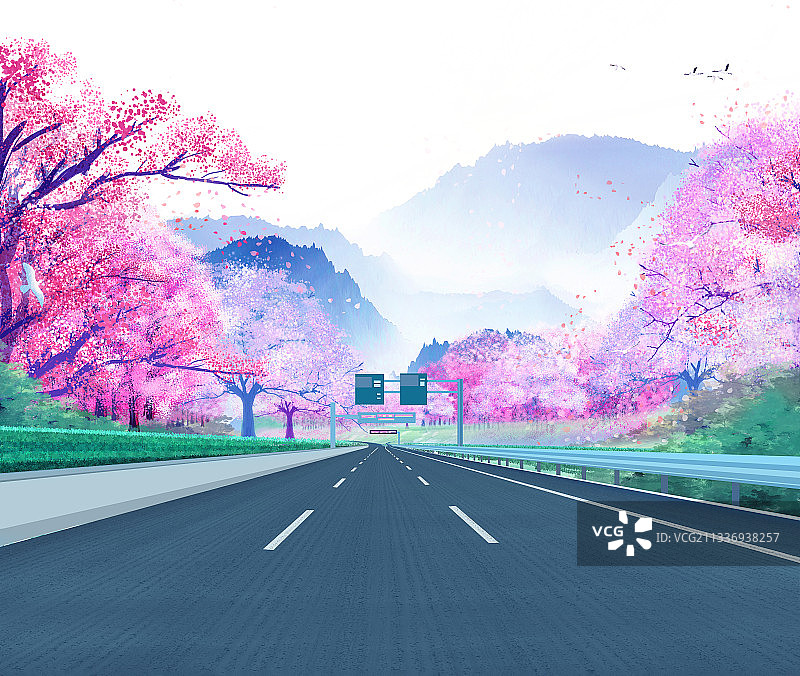 户外森林里有一条公路通向远方插画背景图片素材