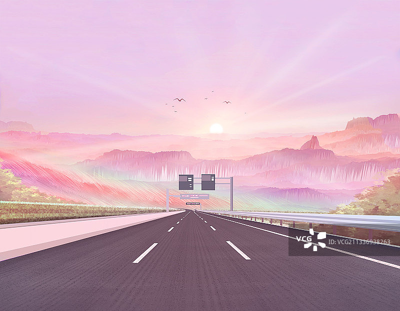 早晨森林里山峰间有一条公路通向远方插画图片素材