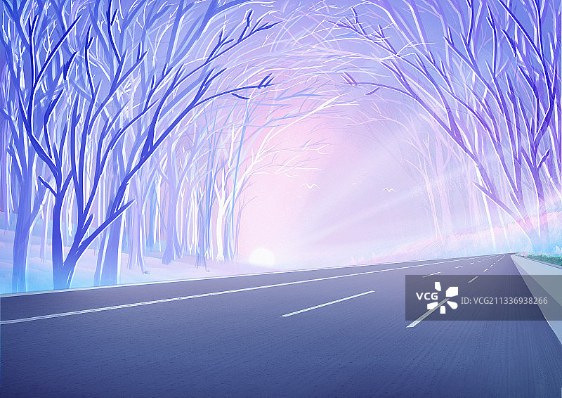 早晨森林里有一条公路插画背景图片素材