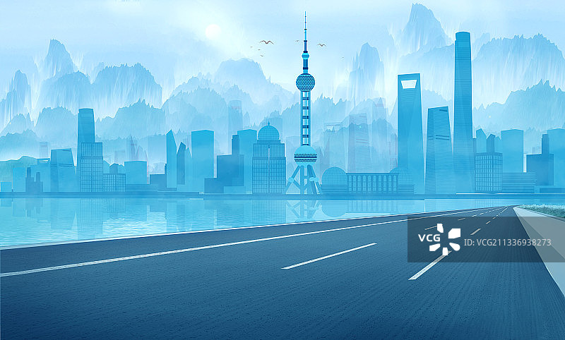 一条公路通往上海建筑群中国风插画图片素材