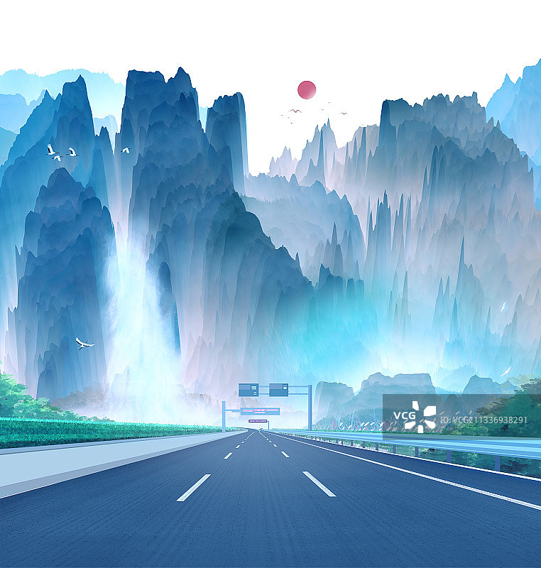 中国风的森林山川里有一条公路通向远方插画图片素材