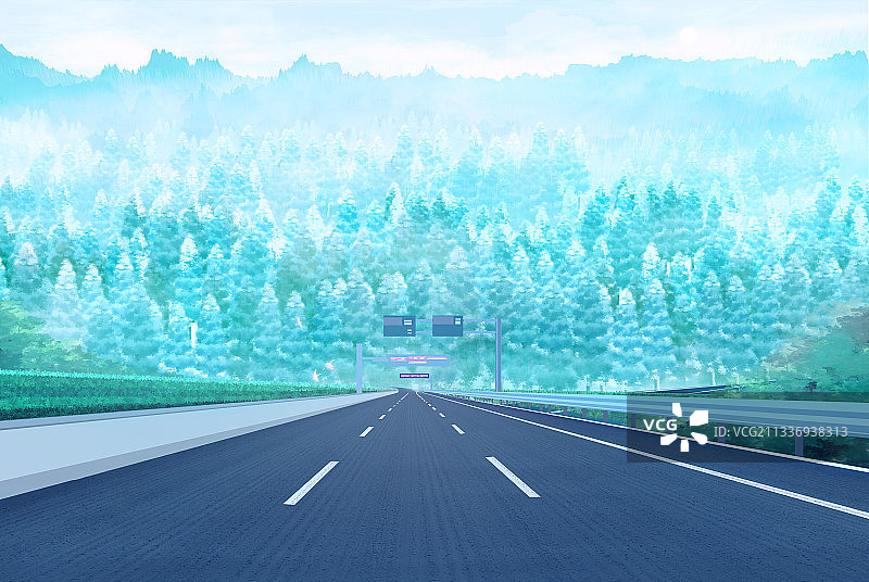 早晨的森林里有条公路插画图片素材