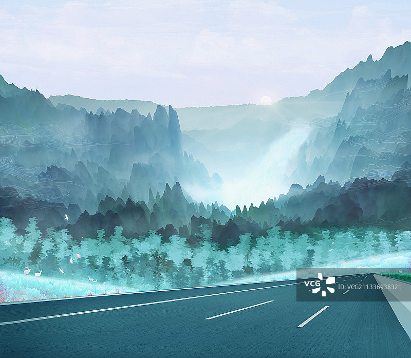 中国风的森林山川里有一条公路通向远方插画图片素材