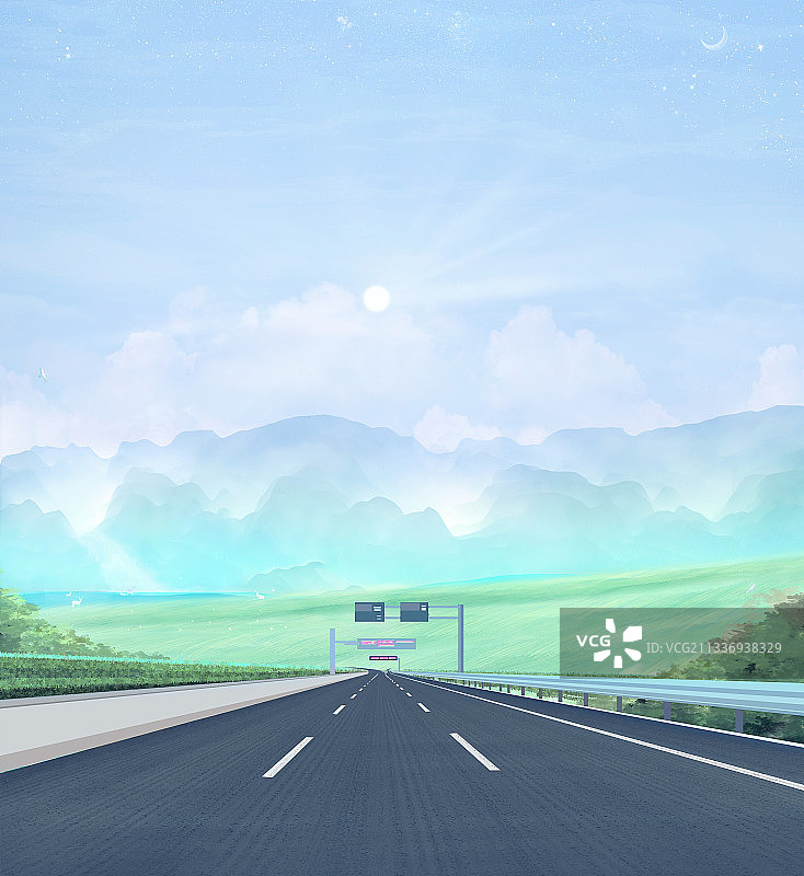 森林里山坡上有一条公路插画图片素材