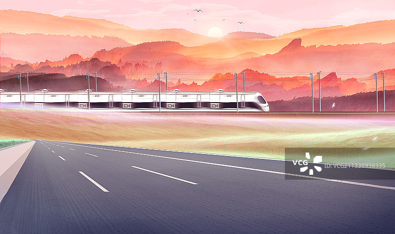 高铁行驶在草原上插画背景图片素材