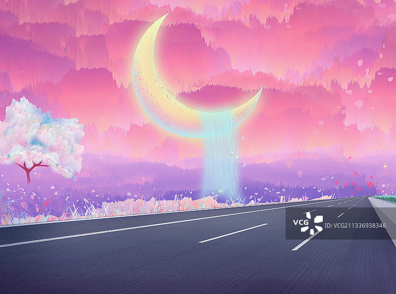 月光下森林里有一条山路穿过插画背景图片素材