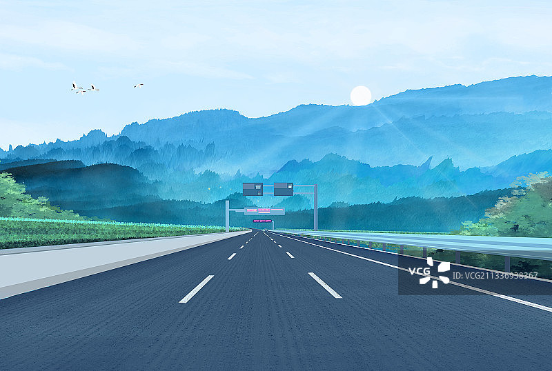 早晨森林里山峰间有一条公路通向远方插画图片素材