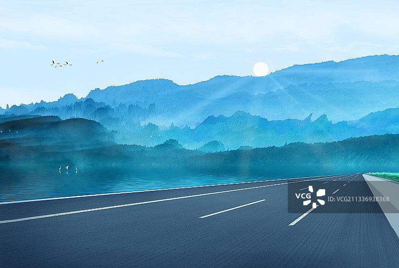 早晨森林里山峰间有一条公路通向远方插画图片素材