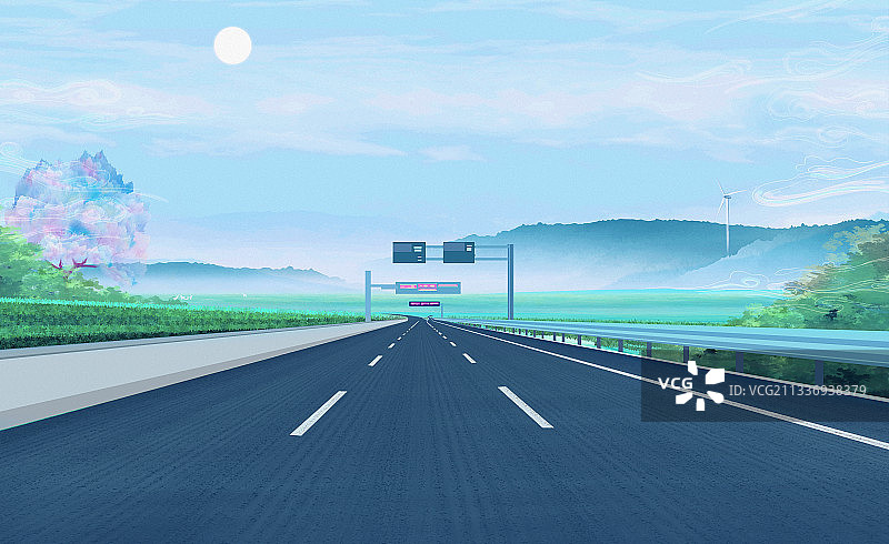 早晨森林里山峰间有一条公路通向远方插画图片素材